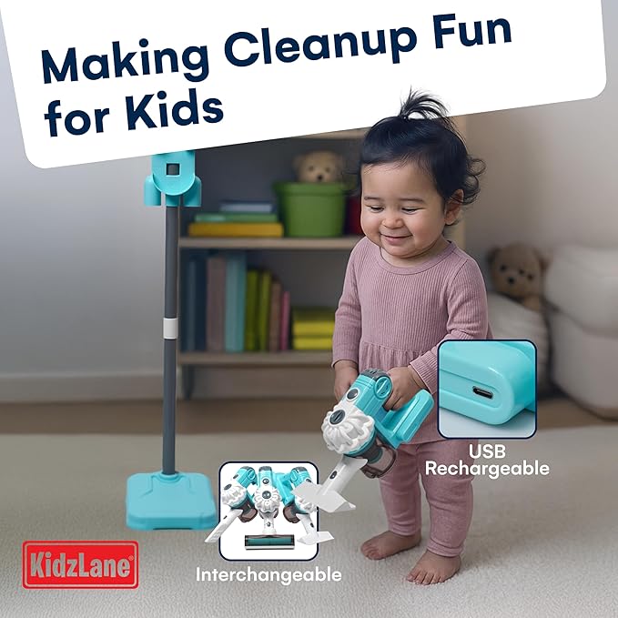 Kidzlane Toy Vacuum Cleaner for Toddlers – Real Working Kids Vacuum with Suction, Cordless Pretend Play Dyson-Style Vacuum Toy, Rechargeable, Multiple Cleaning Modes, Learning & Role-Play Fun