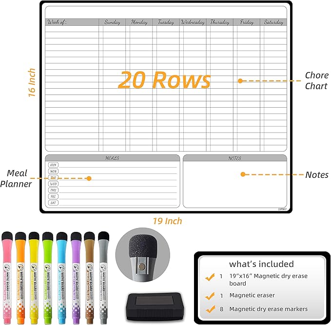 JJPRO Magnetic Dry Erase Chore Chart for Adults:Large Whiteboard16 x19-Chore Chart,Calendar,Meal Board Notes All-in-One,Behavior Chart,Teenagers,White