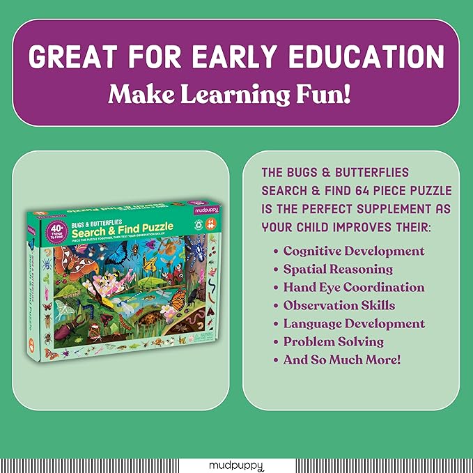 Mudpuppy Bugs & Butterflies — 64 Piece Search & Find Puzzle Jigsaw Puzzle Featuring Diverse Bugs and Insects and Over 40 Hidden Images to Find for Ages 4+