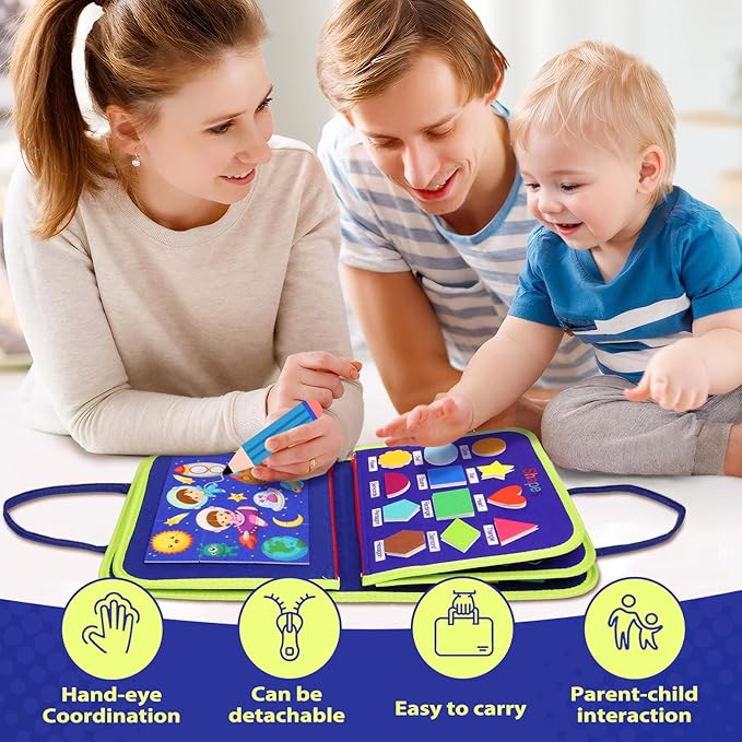 MAJAVI Toddler Busy Board Montessori Toys for 1 2 3 4 Year Old, Busy Book Sensory Educational Activities for Learning Fine Motor Skills, Gifts for Girls Boys, Travel Toys for Airplane Car, Dark Blue