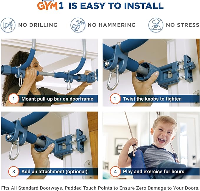Gym1 Indoor Doorway Gym for Kids & Adults - 4-Piece, Blue - Swing Set with Sensory Swing, Pull Up Bar & Grip Rings, Agility Ladder - 300 lb Capacity
