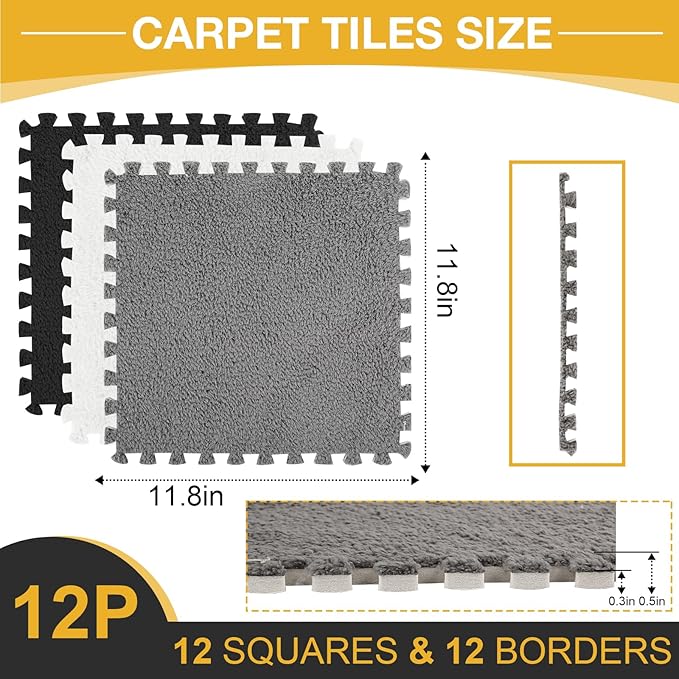 12 Pcs Plush Interlocking Carpet Tiles, Non-Toxic Foam Carpet Tiles for Toddler Baby, Machine-Washable, Anti-Slip, EVA Foam Interlocking Tiles for Floor, Nursery, Playroom, Grey White Black