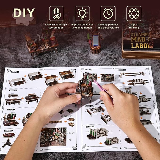 Book Nook Kit, DIY Miniature Dollhouse Booknook Kit, 3D Wooden Puzzle Bookend Bookshelf Insert Decor with LED Light for Teens and Adults (Steampunk Mad Scientist Laboratory)