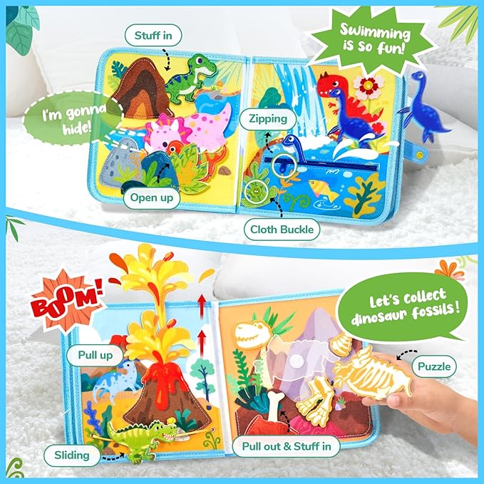 JoyCat Toddler Dinosaur Busy Book, Busy Board for 2 3 4 5Year Old -Travel Toy Quiet Activity Book, Life Skills & Fun Games - Autism Sensory Toy, Toddler Easter Basket Stuffers Gifts