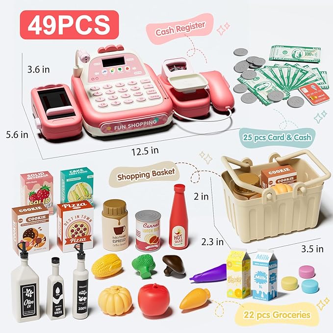 49PCS Pretend Play Cash Register Toy Set for Kids with Real Calculator,Scanner,Microphone,Conveyor Belt,Weighing Tool,Cashier Playset Realistic Gift for Toddler Kid Ages 3 4 5 6 7 8（Pink）