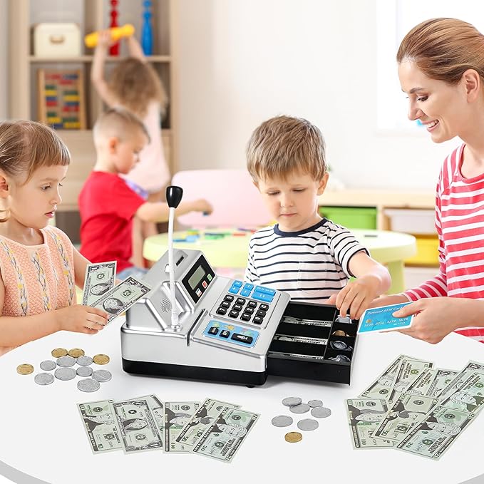 Calculator Cash Register - 103 Pcs Toy Cash Register, Store Set with Microphone, Credit Card and Banking for Kids, Toddler Math Learning Toys, Preschool Gifts for 3, 4, 5, 6, 7, 8+ Years Old Boy Girl