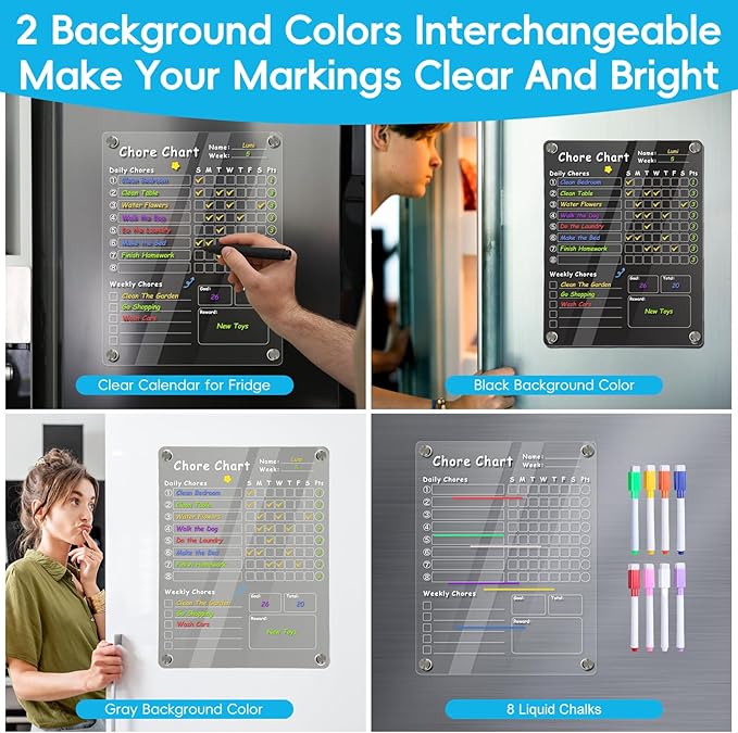 Acrylic Magnetic Chore Chart for Kids, Chore Board, Dry Erase Chore Chart, 12"x9.5" Transparent Erasable Reward Chart for Teens and Adults Chore Checklist with 6 Markers and Towel