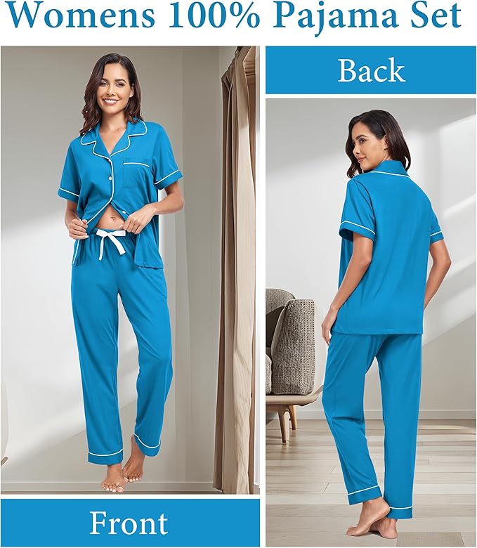 CF Womens 100% Cotton Pajamas Set Button Down Pjs Sets Short Sleeve Top & Long Pants Sleepwear Comfy Loungewear with Pockets