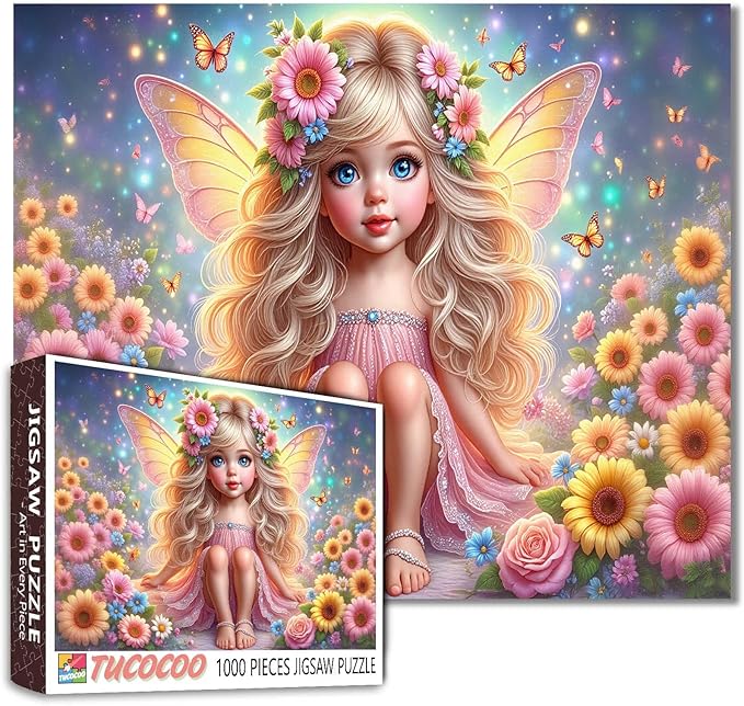 Tucocoo 1000 Piece Jigsaw Puzzle for Adults, Blonde Fairy Girl in Floral Dress with Butterflies – Fantasy Puzzle for Relaxation and Wall Art, Enchanted Garden Scene Puzzle Gift for Women and Teens