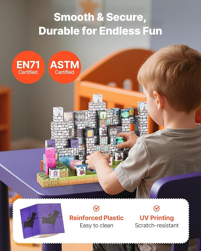 VEVOR Magnetic Blocks, 100 PCS Cemetery Zombies Set, Magnetic Building Cubes for Kids, STEM Montessori Sensory Toys for Christmas Birthday Gift, Construction Stacking Toy for 3+ Years Old Boys & Girls