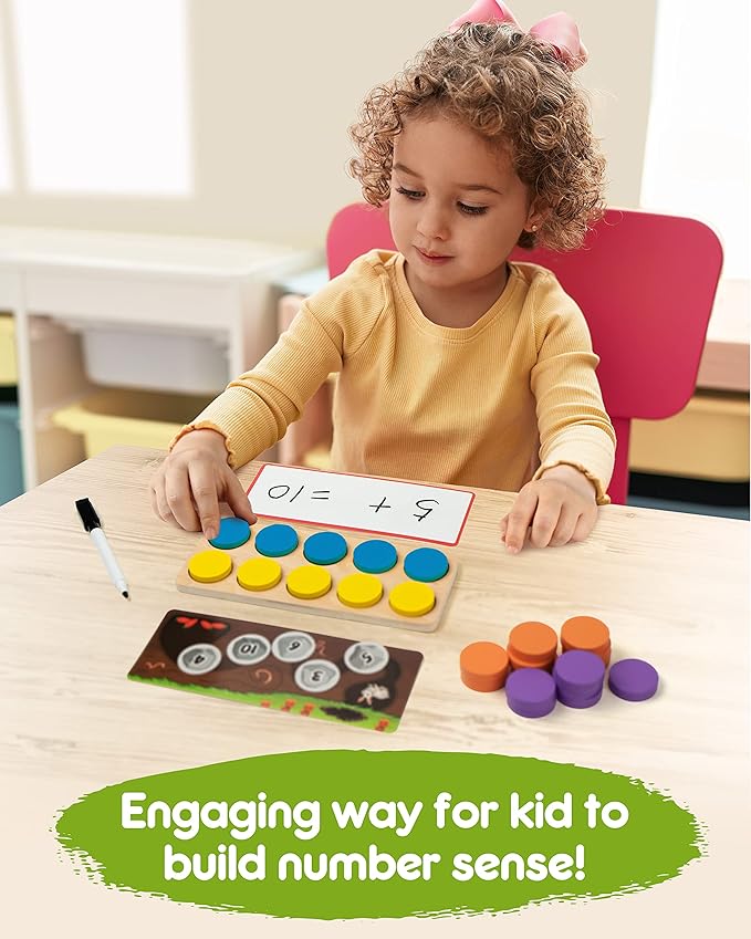 SYNARRY Wooden Ten-Frame Set Math Manipulatives for Kindergarten Elementary 1st 2nd Grade Homeschooling, Addition and Subtraction Montessori Math Games for Chirldren, Counters Toys for Kids Ages 3-8