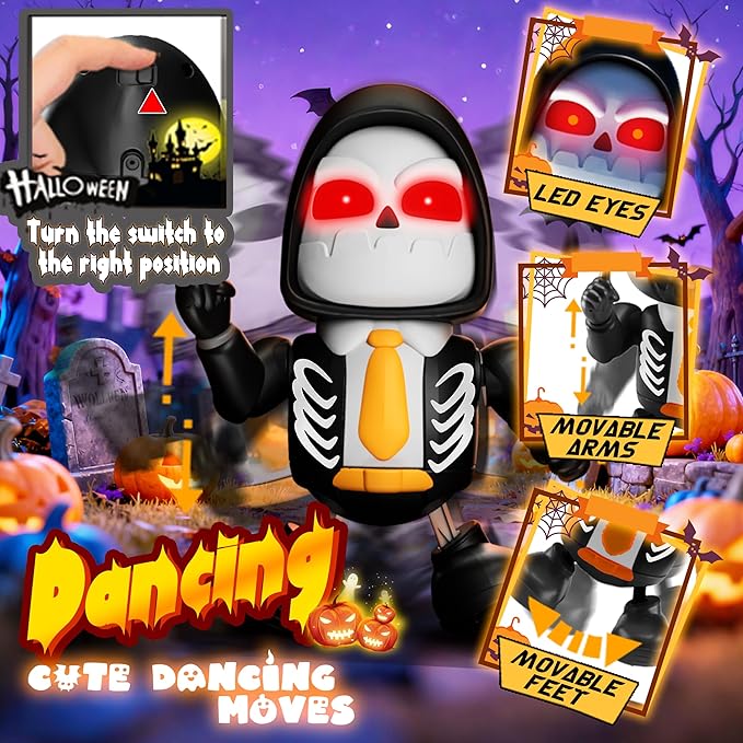Halloween Skeleton Dancing Robot Toy with Lights & Music, Battery Operated Animated Skull Toy for Kids, Light-Up Walking Singing Robot Figure, Spooky Gift for Boys Girls Ages 3+