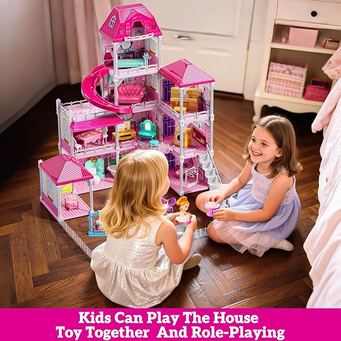 Villa Playset for Girls Ages 3-7, 4-Storey House with 10 Rooms, 2 Dolls, Furniture and Accessories, Indoor Playset Girls Toys for Ages 6-8, Pretend Toddler Toys, Birthday Gifts for Kids 4-8