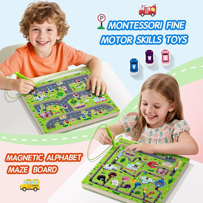 2 in 1 Magnetic Color and Number Maze Magnet Alphabet Counting Double Sided Board Wood Puzzle Fine Motor Skills Montessori Preschool Toys Gifts for Boys and Girls 3-5 Age (Big Car, One Size)