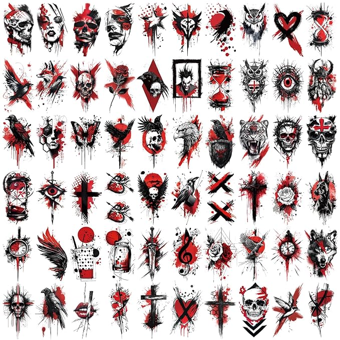 77 Sheets Temporary Tattoos for Adults and Kids, Cool Waterproof Fake Tattoos, Black and Red Trash Polka Half Arm Sleeve Small Tattoos