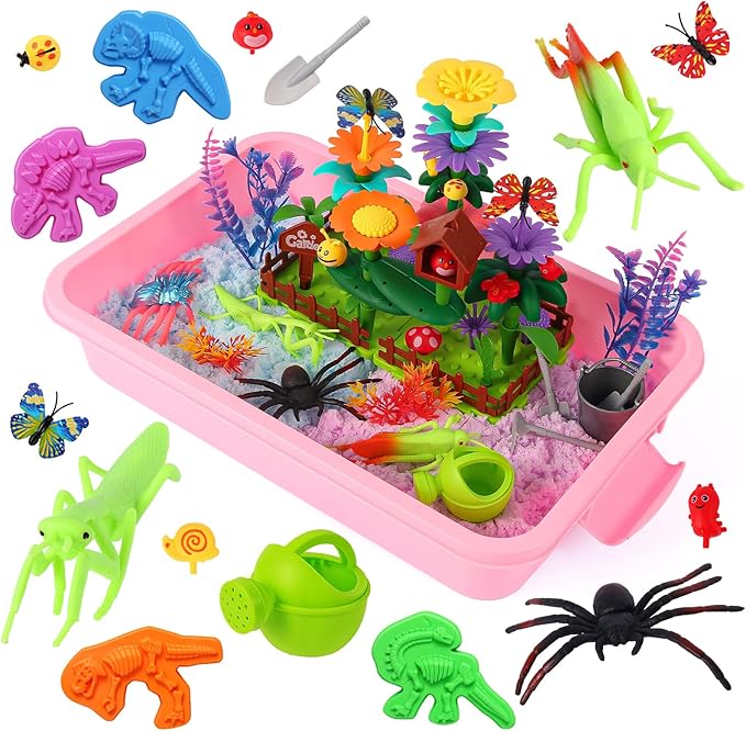 FIIOEOY Flower Garden Sensory Bin, Sensory Play Sand Kit with DIY Flower Garden Building Toys, Bug Figures & Sand Molds, Pretend Play Sandbox Birthday Gift for Girls Boys 3 4 5 Years Old