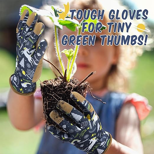 HANDLANDY Kids Genuine Leather Gardening Gloves for ages 3-11, Children Toddler Work Outdoor Playing Gloves for Boys Girls Gift (Large (for age 8-11), Blue)