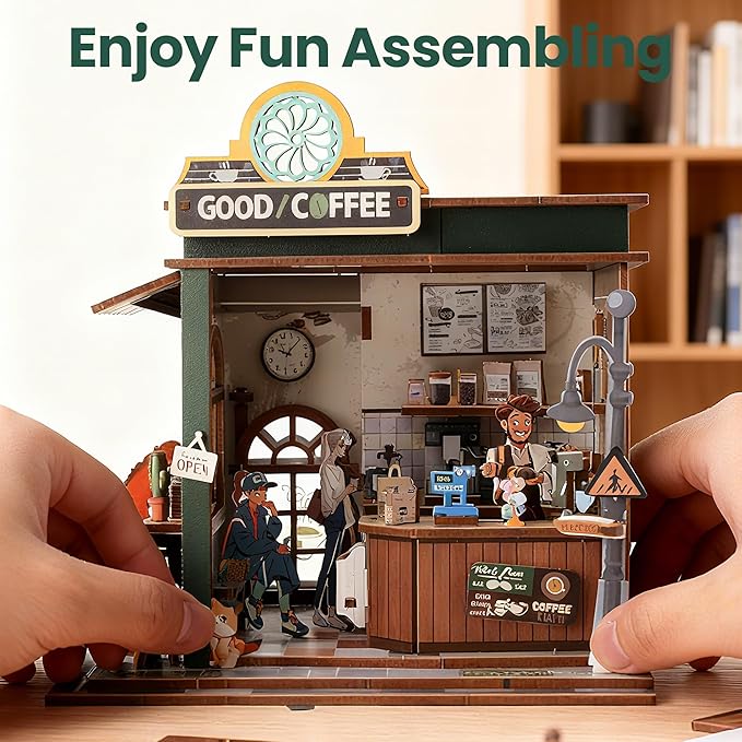 Book Nook Kit - DIY Miniature House Kit for Adults, Dollhouse Booknook Tiny House Bookshelf Decor 3D Wooden Puzzle Street Model, Ideal Gift for Book Lovers, Family, Friends (Coffee Shop)