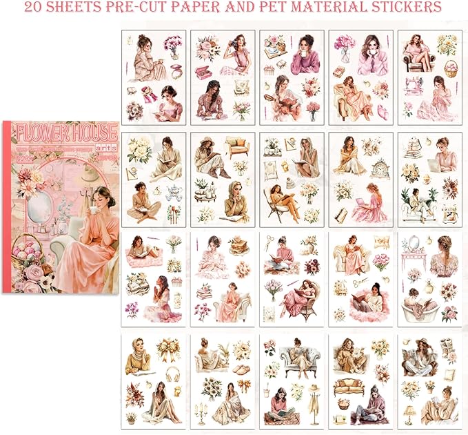 Scrapbooking Stickers 20 Sheets Pre-Cut 120 washi Stickers PET People Sticker Books for journaling Scrapbook Supplies Transparent Reading Girls Journal Sticker