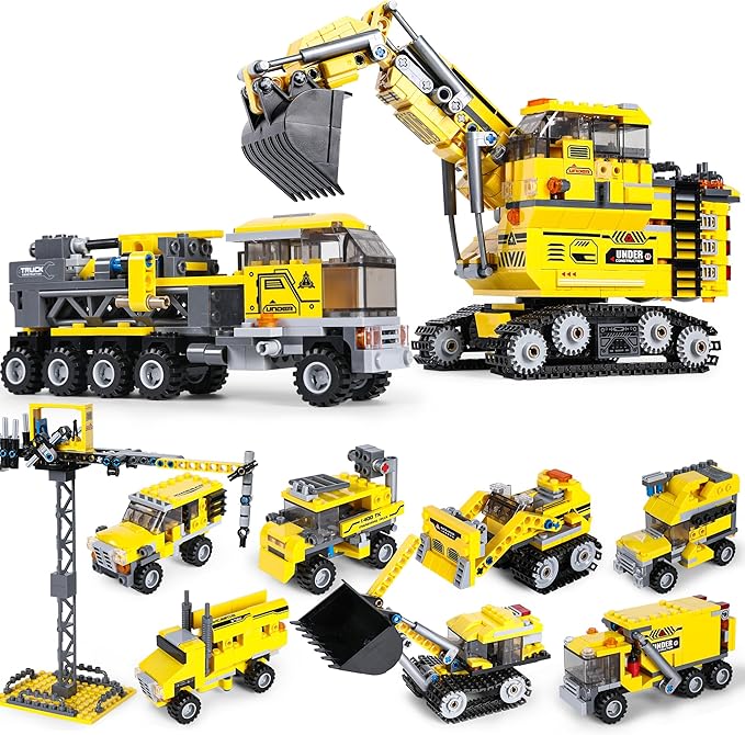 8 in 1 Excavator Toy Building Blocks Kit with Tower Crane, Tractor, Crawler Dozer, Box Dump Truck, Cross Country Vehicle, Command Car, Transport Vehicle – Construction Toys Set for Boys & Girls