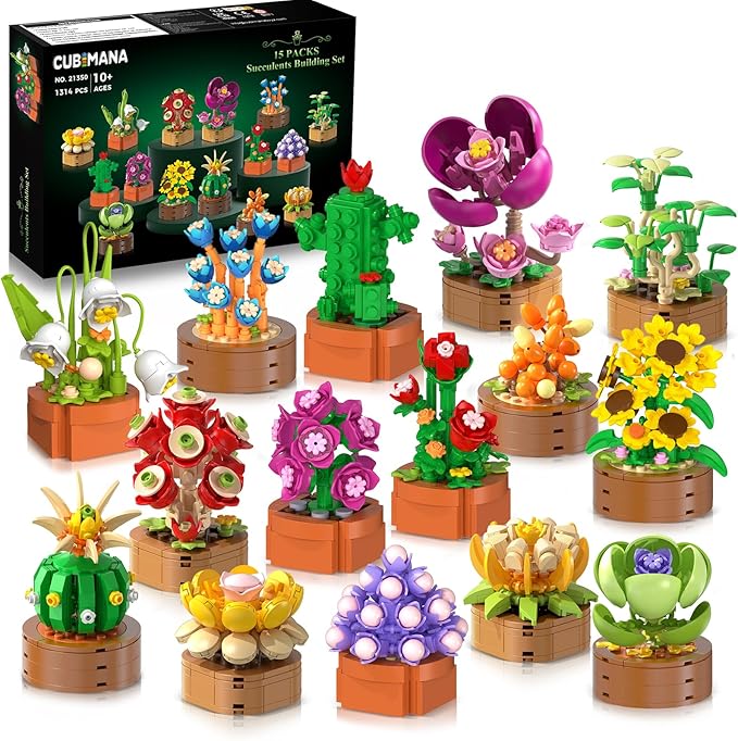 15 Pack Flowers Plants 3.6MM Mini Building Sets - 1314PCS Flower Succulents Botanical Collection for Home Office Décor Block Toy, Party Favors for Christmas Mother's Day Birthday Adults Kids Girls 10+