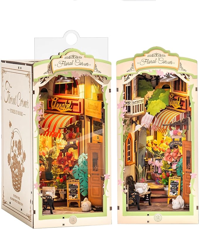 ROBOTIME DIY Book Nook Kits, Miniature House Kit, 3D Wooden Puzzle with LED, Dollhouse Booknook Kit, Creative Bookends Bookshelf Diorama Insert for Teens and Adults (Floral Corner)