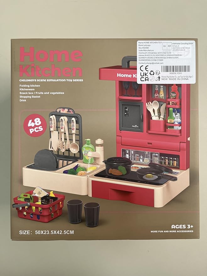 Pretend Play Kitchen Toy Set Folding Role Play Toy with 45pcs Realistic Food Fruits Vegetables Pans Cooking Utensils Basket Sink etc Portable Educational Indoor Outdoor Toys for Kids Ages 3