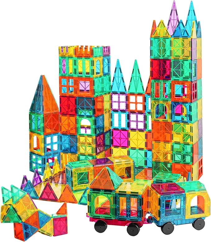 Bmag 130PCS Magnetic Tiles Building Blocks with 2 Cars | 3D Clear Magnet Blocks | STEM Preschool Toys for 3-9+ Kids | Christmas & Toddler Gift | Compatible with Major Brands