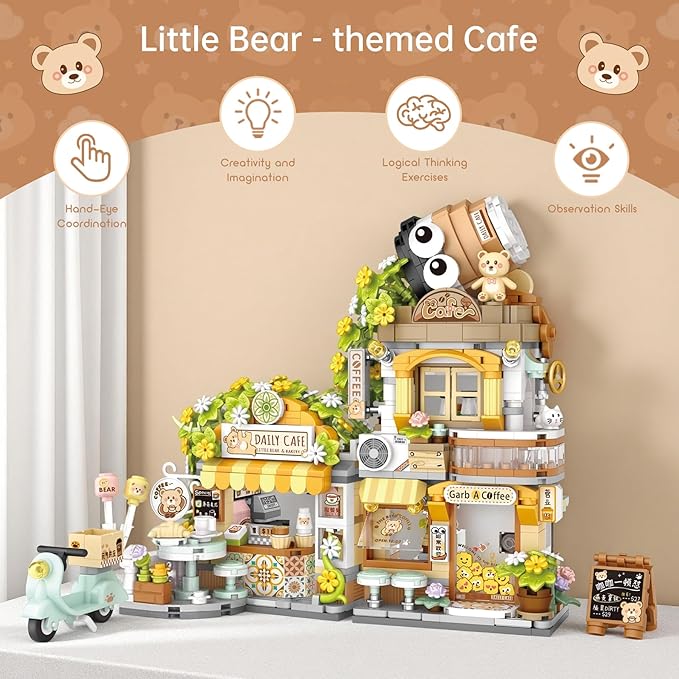 Creative Brick Box Street View-Coffee Shop Mini Building Toy Animals Interactive for Kids, Simulation Architecture Toy for Girls and Boys Ages 6+ - Gift Easter, Birthday, Christmas (1077 PCS)