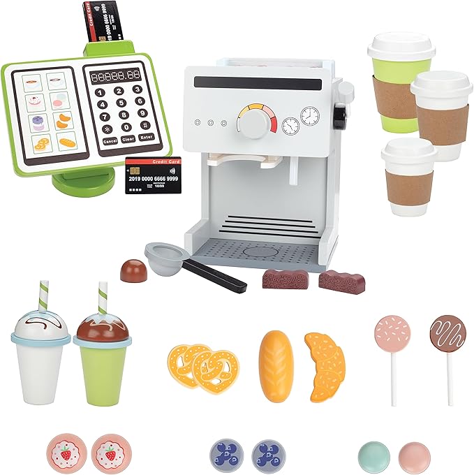 Pretend Coffee Shop Wooden Playset- Drive Thru Window Holiday Fun- Frappuccino, Straws, Espresso Maker, Bread, Pastries, Rotating Cash Register, Coffee Cups, Apron- 25+ Play Pieces Kids Xmas Gift
