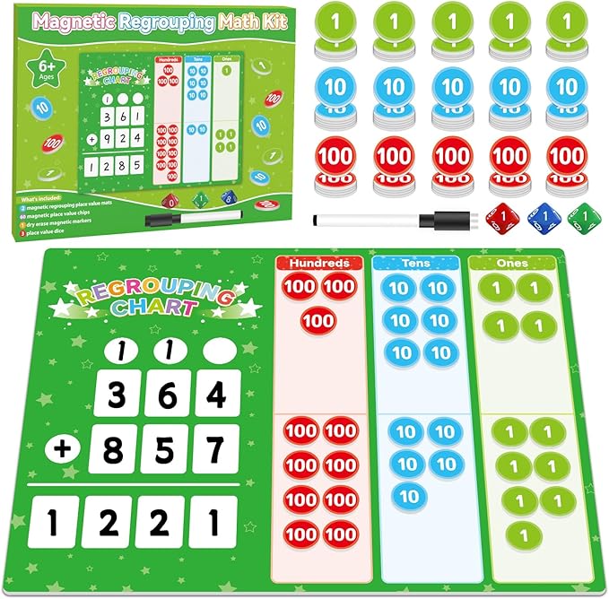 Magnetic Regrouping Math Base Ten Place Value, 2025 New Upgraded Addition & Subtraction Math Manipulatives Dry Erase Whiteboard for Kids 1st 2nd 3rd Grade, Math Games Homeschool Classroom Must Haves