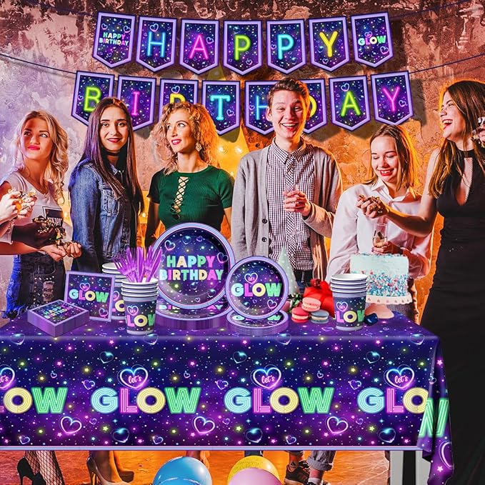 Glow Neon Party Supplies Tableware Set, 142Pcs Let's Glow Birthday Party Decorations Include Neon Plates and Napkins,Cups,Glow Tablecloths for Neon Party Decorations, Serves 20
