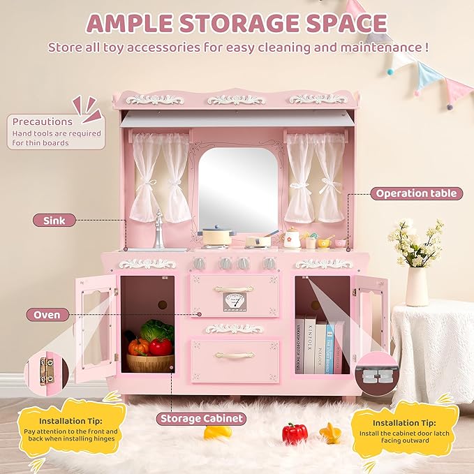 Kids Kitchen playset，Wooden Play Kitchen with Realistic Design，Kids Play Kitchen with Plenty of Play Features，Fine Gift for Ages 3+,Pink