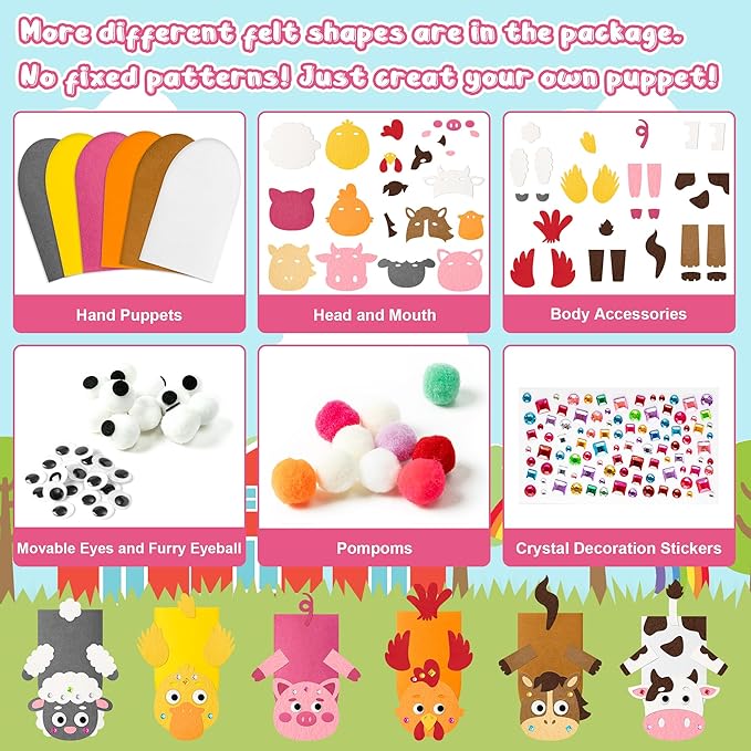 WATINC 6Pcs Hand Puppet Making Kit, Art Craft Felt Sock Puppet Toys, Creative DIY Make Your Own Pompoms Wiggle Googly Eyes Storytelling Role Play Party Supplies Gift for Girls Boys (Farm Animals A)