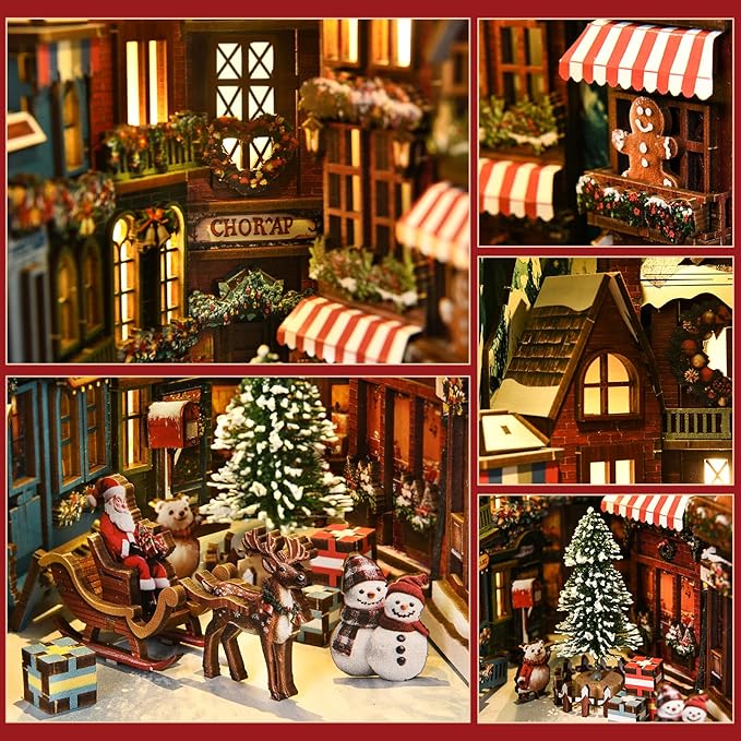 DIY Miniature House Kit, Mini House Building Kit, DIY Book Nook Kit, Tiny Model House for Adults to Build, Beginner 3D Wooden Book Nook, for Family Friends (Christmas Corner)