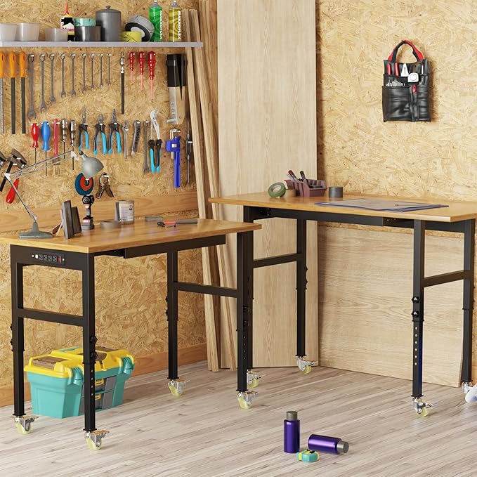 48"x24" Solid Wood & Heavy-Duty Work Bench Workbench, Adjustable Height Work Table with Wheels, Power Outlets and Drawer, 2000 LBS Capacity Workstation Work Benches for Garage, Workshop