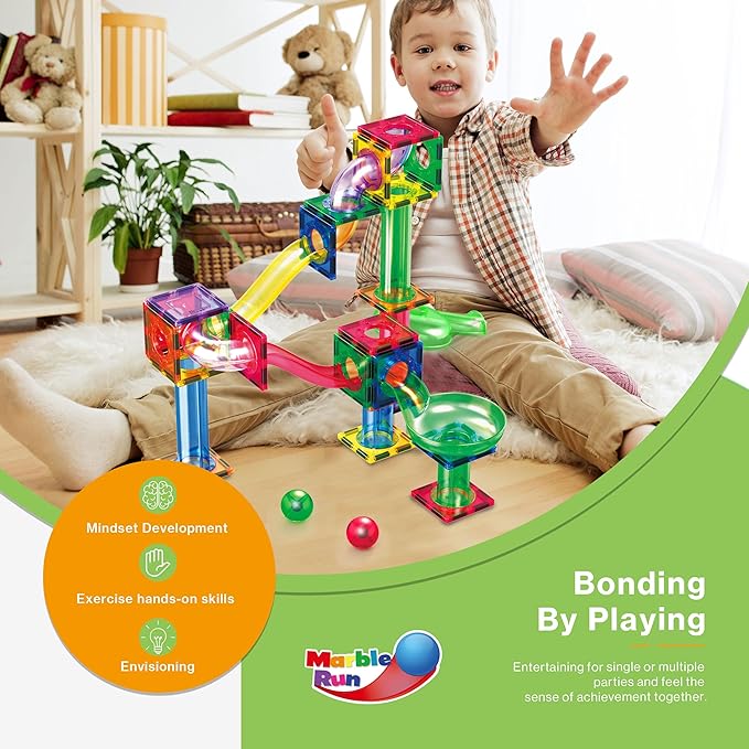 PicassoTiles 200pc Magnetic Marble Run Tiles Toy STEM Educational Race Track with Light Up Marbles Magnet Tile Building Blocks Maze Kit Sensory Pretend Play Toys for Toddlers Boys Girls Ages 3+ PTG200
