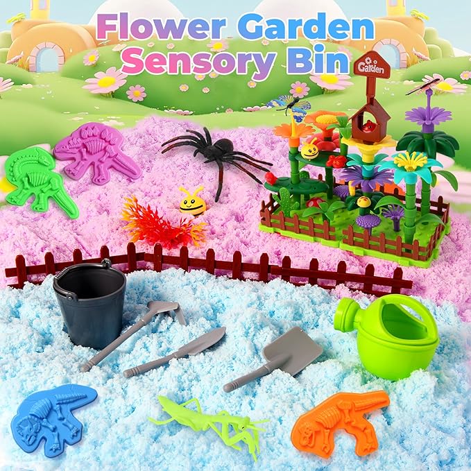 FIIOEOY Flower Garden Sensory Bin, Sensory Play Sand Kit with DIY Flower Garden Building Toys, Bug Figures & Sand Molds, Pretend Play Sandbox Birthday Gift for Girls Boys 3 4 5 Years Old
