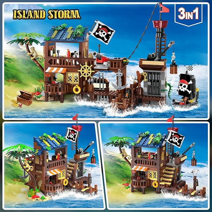 3 Style Pirate Ship Wharf Building Set with LED Light - 781PCS Medieval Pirate's House Building Block Toy, Architecture Bricks Kit for Kids Girls Boys Ages 6-12+ Birthday Gifts