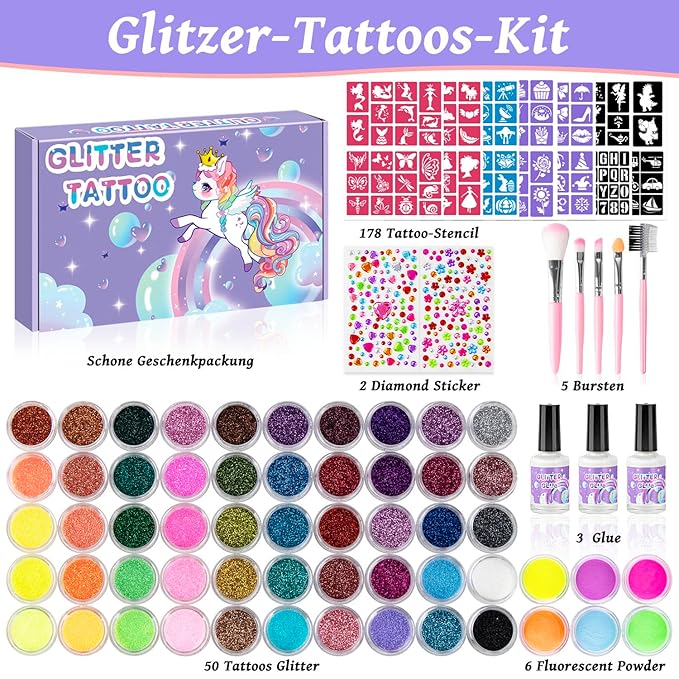 Temporary Glitter Tattoos Kids,50 Glitter Colors and 6 Fluorescent Colors,178 Stencils,2 diamond stickers,3 Glue,5 Brushes,Adults and Kids Arts Glitter Kit,Wonderful Holiday Gifts for Girls & Boys.