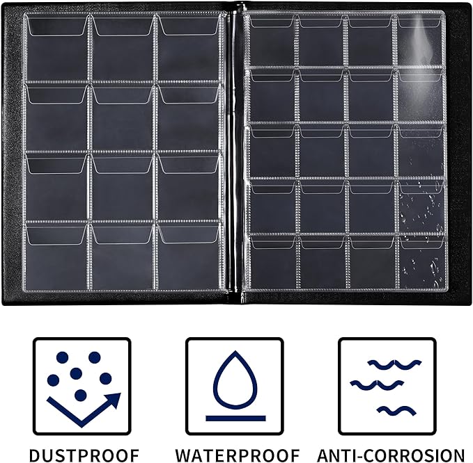 160 Pockets Coin Album - 10 Sheets Mixed Sizes Coin Holder 45x43/33x33 mm Collecting Grid for Pounds Pence Cents (Black) CS48160BK
