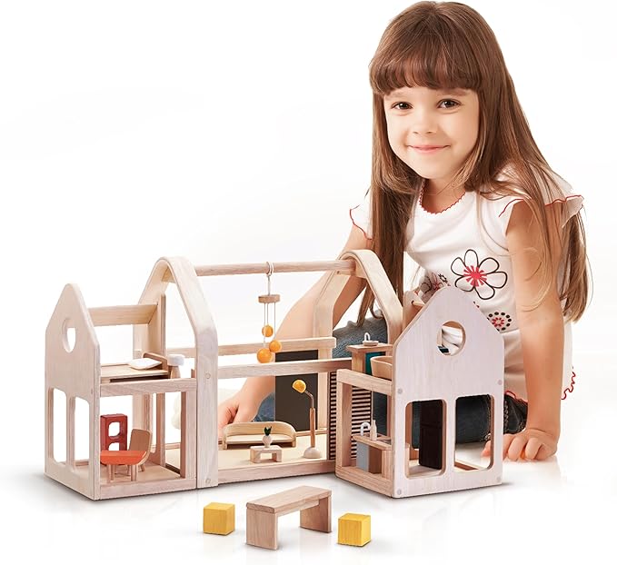 PlanToys Slide and Go Dollhouse - Chemical-Free Wooden Toy Featuring 3 Units with 20 Furniture Pieces