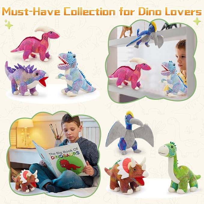 MaoGoLan 6 Pack Dinosaur Stuffed Animals Bulk 12in Dinosaur Plush Toy Collectible Dino Squad (T-Rex Velociraptor Stegosaurus Triceratops Pterodactyl), Kids Girls Boys Christmas