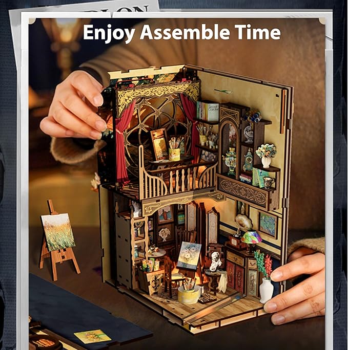 ISSEVE Book Nook Kit, DIY 3D Wooden Puzzle Dollhouse Booknook for Adults, Tiny Miniature House Kit Bookshelf Decor w Dust Cover, Halloween for Crafts Book Lovers (Painter’s Studio)