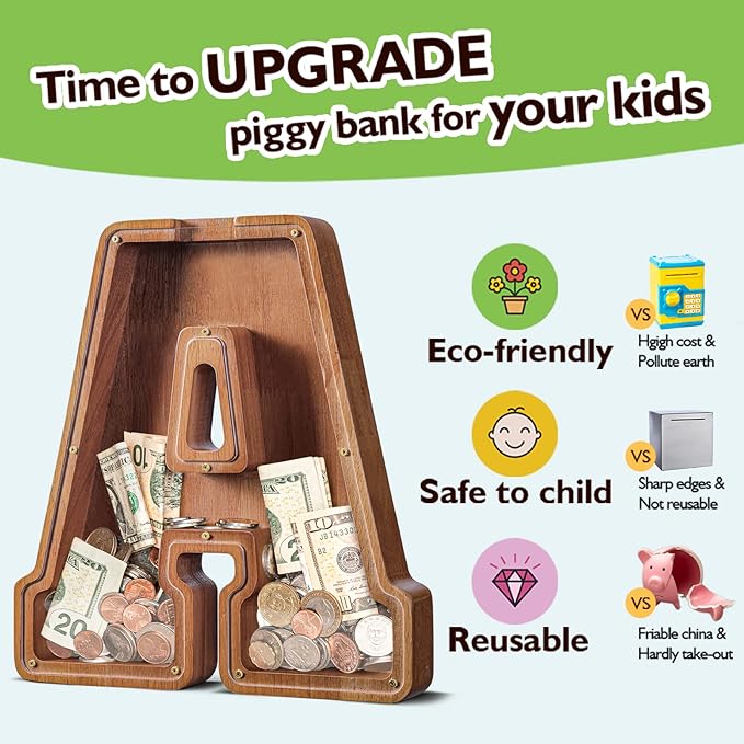 Summidate Large Wooden Piggy Bank for Kids Adults, Alphabets Letter A-Z Piggy Bank for Boys Girls, Coins Bills Change Bank Box Personalized Initial Name Kids Money Bank for Birthday Present and Decor