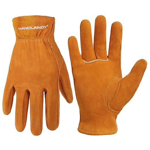 HANDLANDY Kids Genuine Leather Work Gloves for ages 3-11, Children Gardening Gloves for Boys, Girls (Large (for age 8-11), Orange)