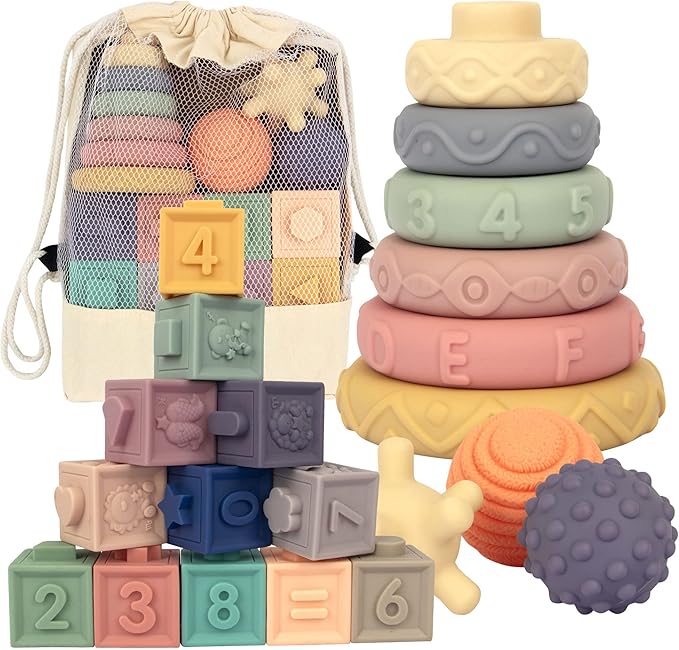 21PCS Montessori Toys for Babies,Teething Toys for Babies Months, 6 Months+, Early Educational Learning Stacking Tower, Sensory for Toddlers 1-3, Soft Rings Stacker & Teethers