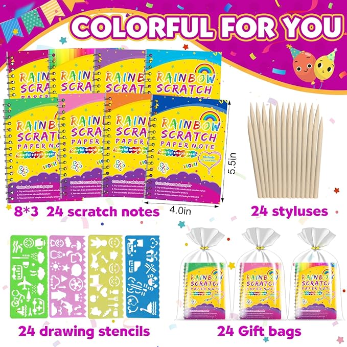 Party Favors for Kids 4-8-12: 24 Pack Scratch Rainbow Art Crafts Notebook, Coloring Book Goodie Bags Stuffers Kit, Bulk Birthday Gift Classroom Prizes Girl Boy Toddler