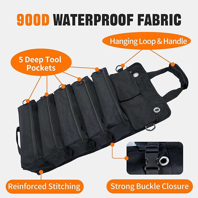 Portable Foldable Roll-Up Waterproof Tool Bag Organizer with 5 Compartments & 2 Detachable Pouches, Heavy-Duty Tool Pouch Bag, Dad Men Electrician Mechanic Gifts