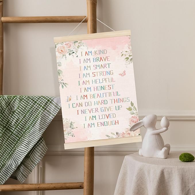 Koesus Inspirational Girls Nursery Wall Art Poster Hanger Frame 12x16 Inch, Boho Pink Floral Positive Affirmation Canvas Pictures Prints Framed Wall Decor for Toddler Girls Room Nursery Playroom